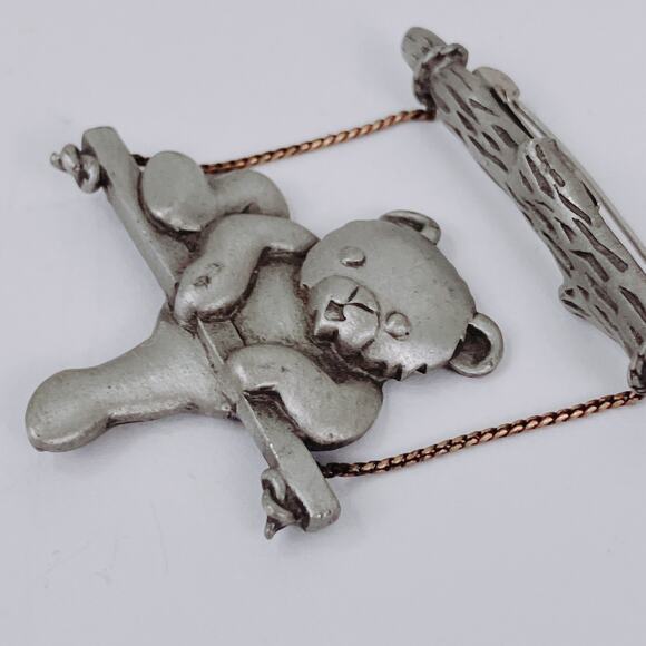 VTG Signed JJ Teddy Bear On Swing Pewter Tone Figural Brooch 1980s Cute Adorable - Picture 6 of 9